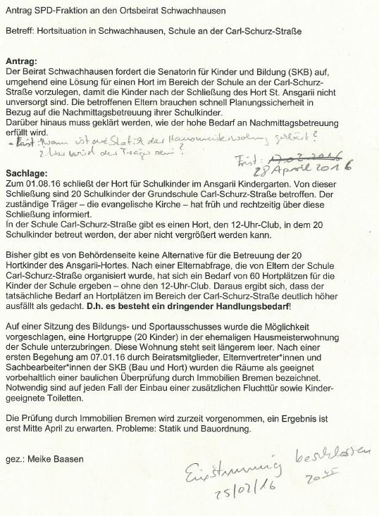 Beschlossener Antrag der SPD Beiratsfraktion Schwachhausen zur Hortsituation. Beschluss 250216