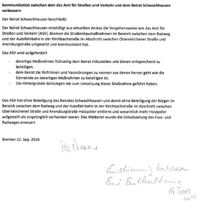 Beschluss des Beirats Schwachhausen zum nicht angemeldeten Aufstellen von Pollern