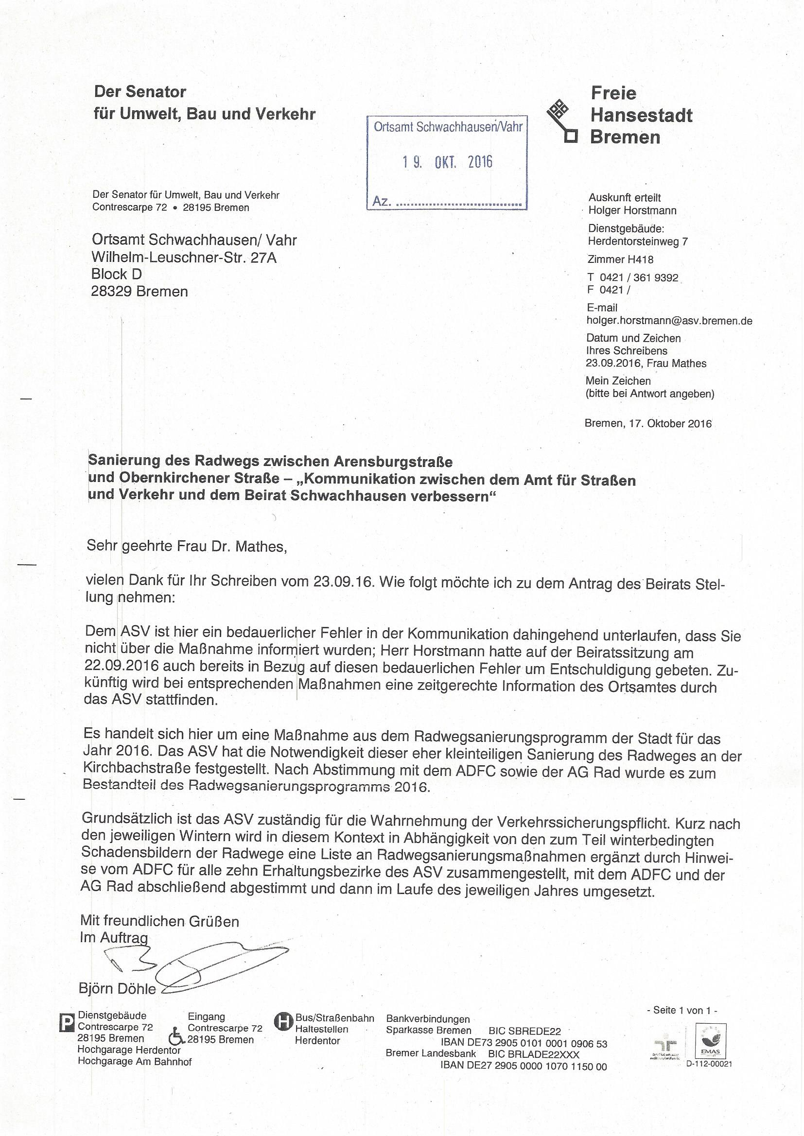 Antwort des ASV Bremen auf den Antrag: Kommunikation zwischen dem ASV und dem Beirat Schwachhausen verbessern